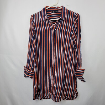 Zara Navy Red Striped Long Sleeve Button Up Collared Tunic Women's Size Medium