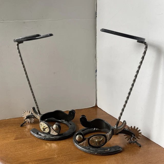 Pair 2 Metal Sculpture Western Folk Art Nordic Forge & Kelly Spur Piece Cowboy