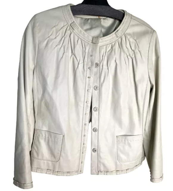 Elie Tahari White Leather Button Down Long Sleeve Jacket with Rouching Size M