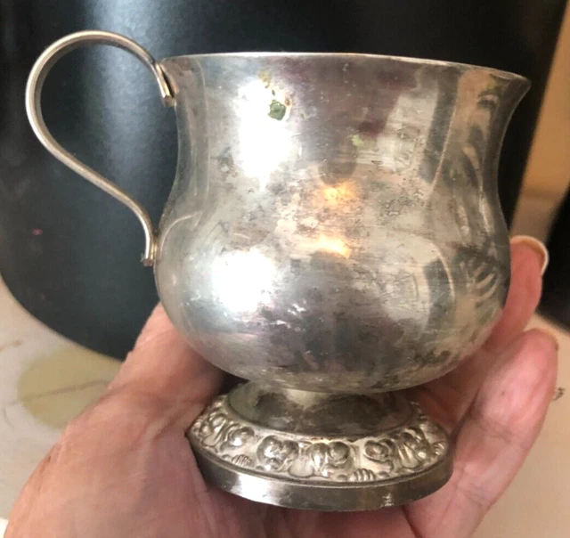 MCM Vtg Silverplate BABY CUP Mug 3" Embossed FLORAL Pedestal Footed Old
