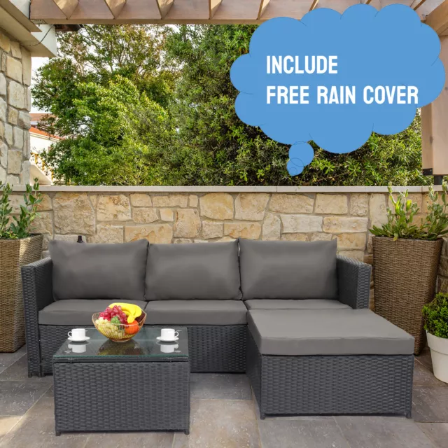 Rattan Garden Furniture Corner Sofa Coffee Table Outdoor Patio Set W/ FREE COVER