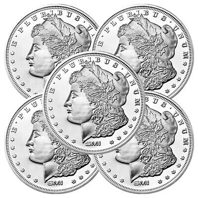 Lot of 5 - 1 Troy oz Sunshine Mint Morgan Design .999 Fine Silver Round Mint Mar