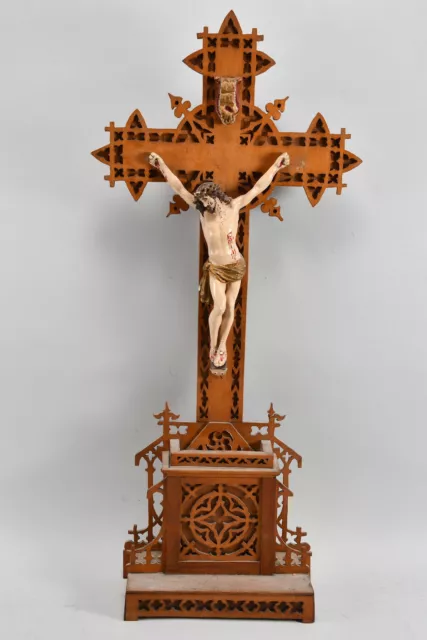 P15A21- Holz Standkreuz/ Kruzifix, Stuck Corpus Christi, Holz Sägearbeit, ~1880