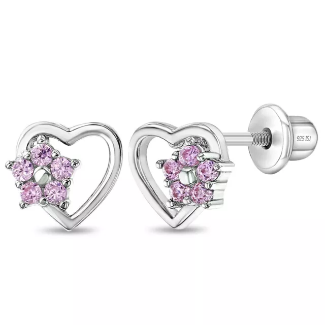 Heart & Flower Pink Baby / Toddler / Kids Earrings Screw Back - Sterling Silver