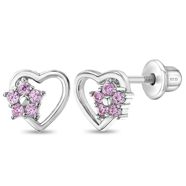 Heart & Flower Pink Baby / Toddler / Kids Earrings Screw Back - Sterling Silver Heart & Flower Pink Baby / Toddler / Kids Earrings Screw Back - Sterling Silver