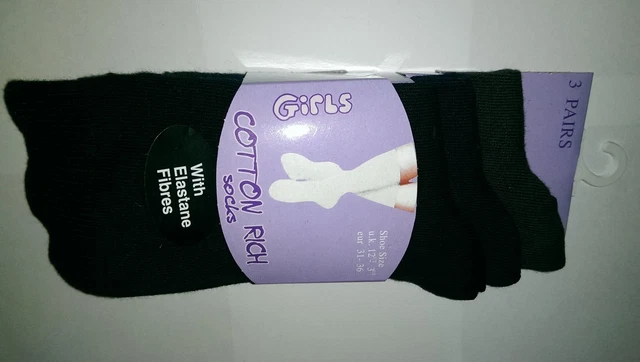 3 paires de chaussettes filles riches en coton - Taille UK 12 1/2 - 3 1/2 (EUR 31 - 36)