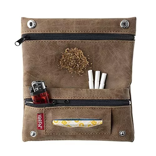 HIBRON Blague a Tabac, Pochette de Tabac a Rouler, en Cuir, Marron 2