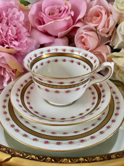 Antique English Porcelain Tea Cup Saucer Trio Set  Pink Roses Gold  Cauldon?