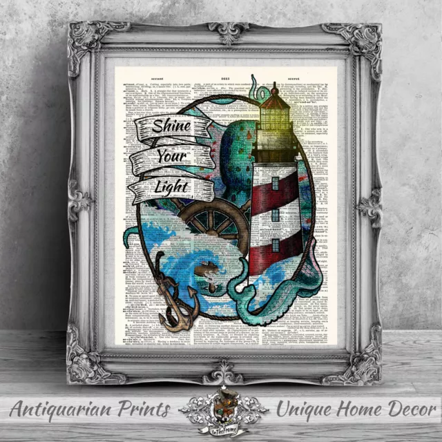 Nautical art Print on antique dictionary book page, Bathroom Octopus Tattoo