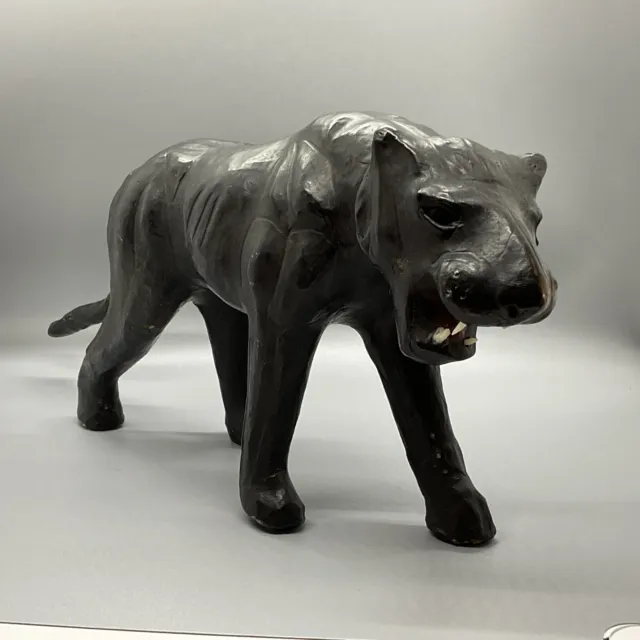 Black Panther Leather Statue Glass Eyes Vintage