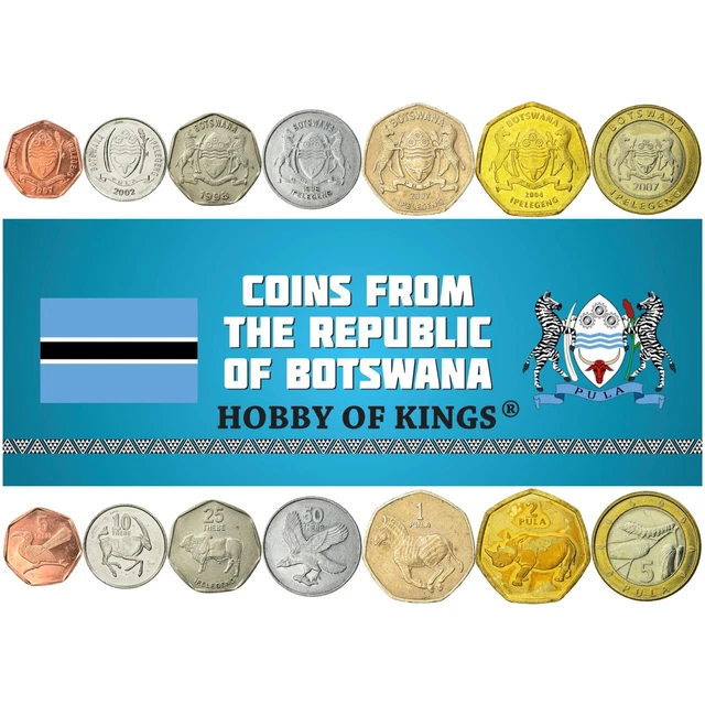 Batswana 7 Coin Set 5 10 25 50 Thebe 1 2 5 Pula | Rhinoceros | 1996 - 2009