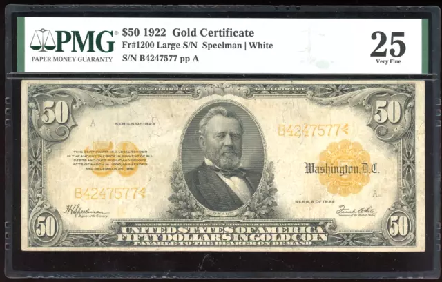 1922 $50 Gold Certificate Bill FR-1200 - Certified PMG 25 (Choice Very Fine)