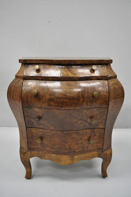 Vtg Miniature Italian Burl Olive Wood French Louis XV Style Bombe Commode Chest 2