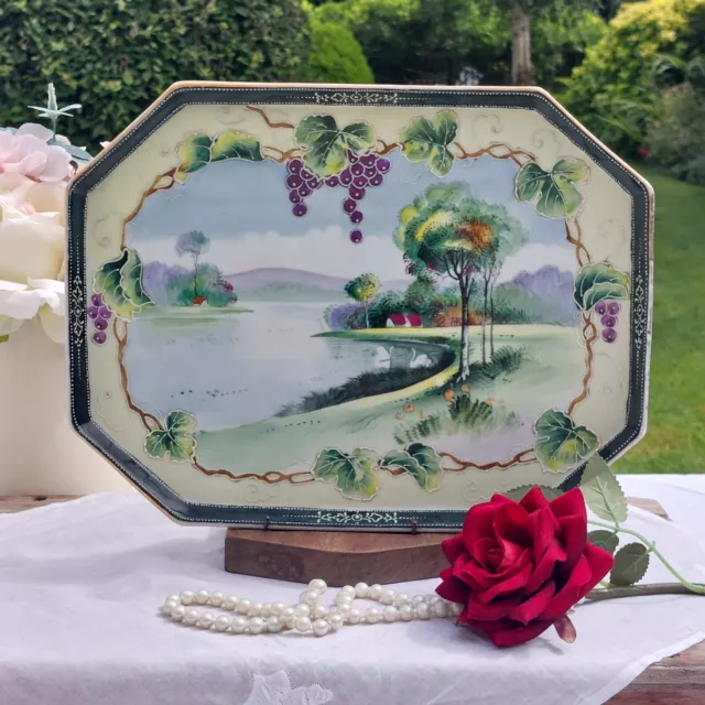 Japanese Nippon Kinjo China Hand Painted Porcelain Tray Romantic Lake Scene Swan
