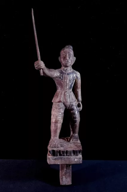 Antique Burma Myanmar Hand Carved Hardwood Nat Warrior With Sword Alter Piece
