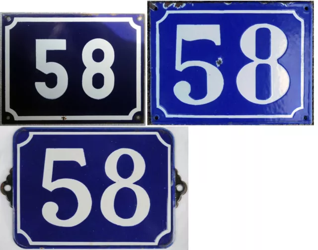 Large old blue French house number 58 door gate plate metal enamel sign - pick