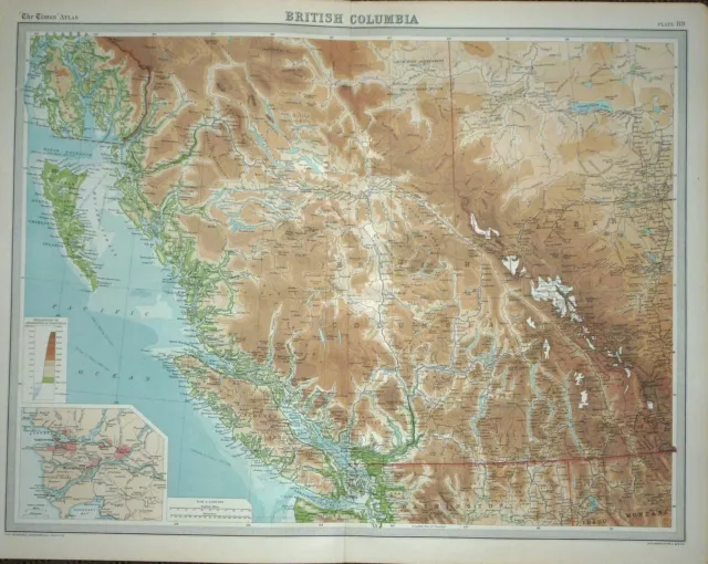 1920 LARGE MAP ~ BRITISH COLUMBIA~ INSET WITH WESTMINSTER ~ 23" x 18"