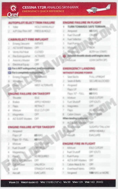 CESSNA 172R SKYHAWK Quick Reference Aircraft Checklist Card by Qref $32 ...