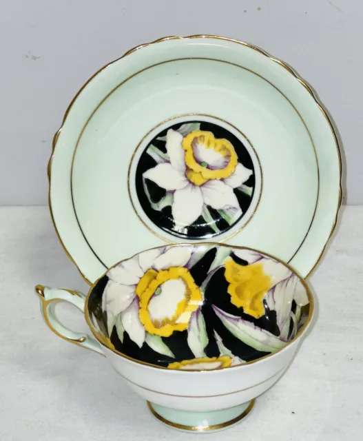 Paragon DAFFODIL GREEN YELLOW BLACK CUP & SAUCER