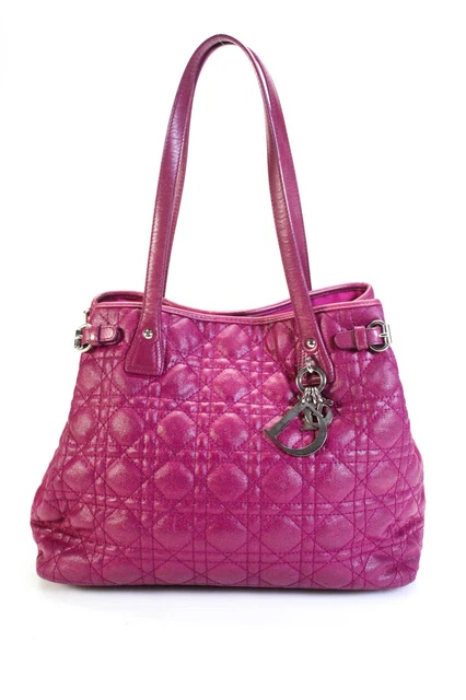 Christian Dior Womens Button Closure Quilted Leather Trim Tote Handbag Purple
