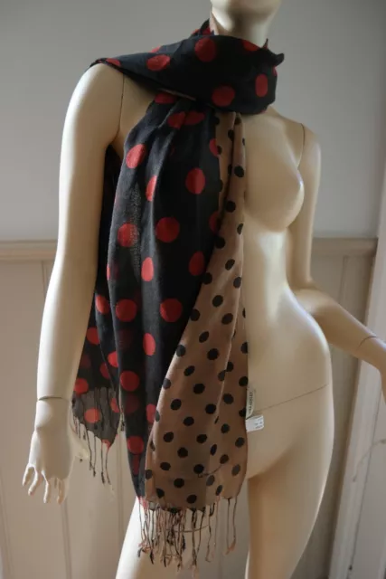 LAURA ASHLEY black brown red black polka dots 100% acrylic scarf EUC