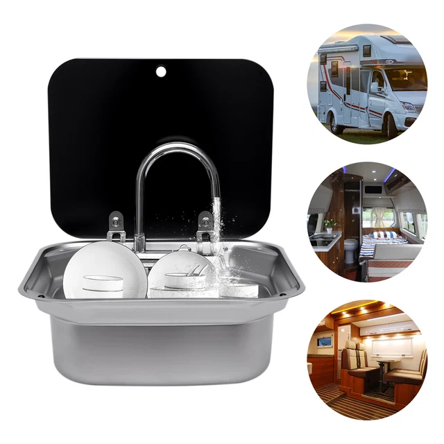 RV Waschbecken Kit Folding Square Outdoor Full Set+Deckel+Wasserhahn Edelstahl