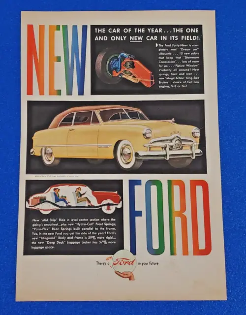 1949 Ford Forty-Niner Sedan Original Color Print Ad Ships Free Lot Yellow S21