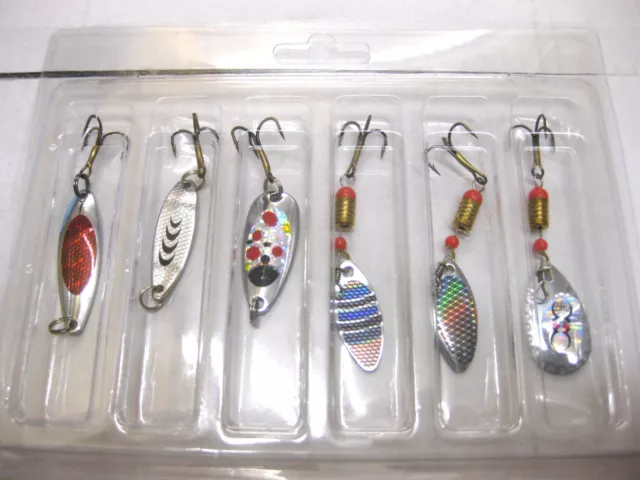 6 X Fishing Spinners Coarse Sea Lures Pike Perch Trout Spinner Bait 3 Hooks