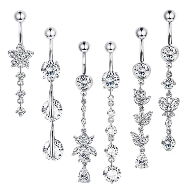 Stainless Steel Crystal Long Belly Button Rings Piercing Bar Navel Dangle Body