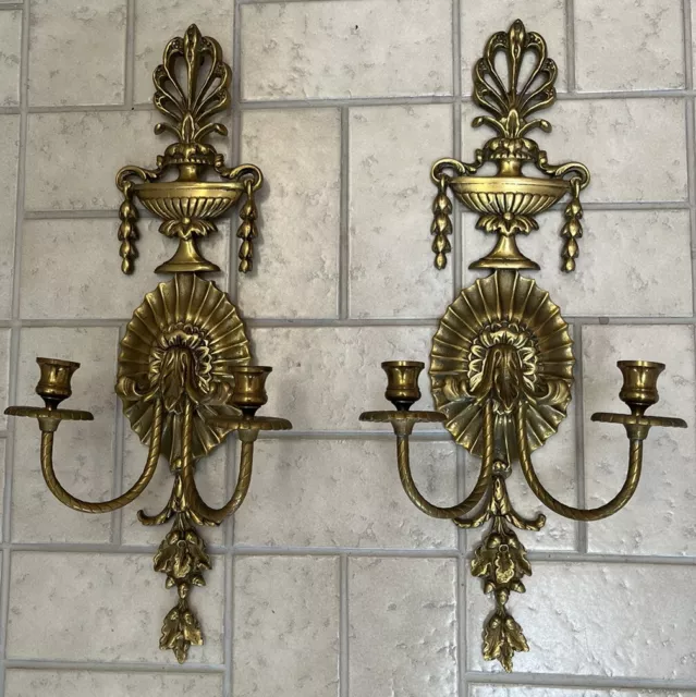 Pair 2 Vtg Cast Brass Baroque Style French 2 Arm Candle Holder Wall Sconces.