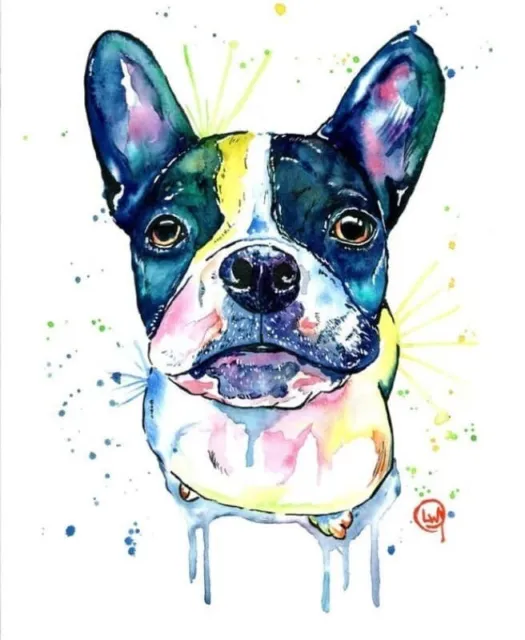 Watercolor Dog Lovers Pet Art Print Colorful FRENCH BULLDOG/BOSTON TERRIER 8x10