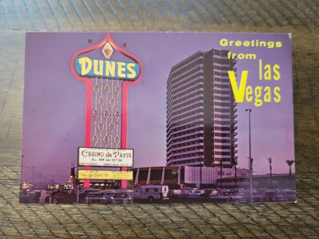 Postcard NV Nevada Las Vegas Dunes Hotel Casino Evening View Neon Sign