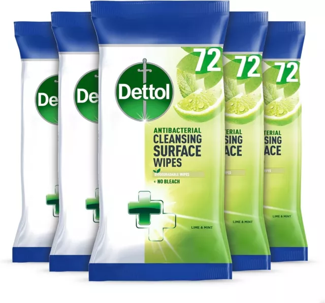 Dettol Antibacterial Surface Cleaning Disinfectant Wipes, Lime And Mint, 5 x 72