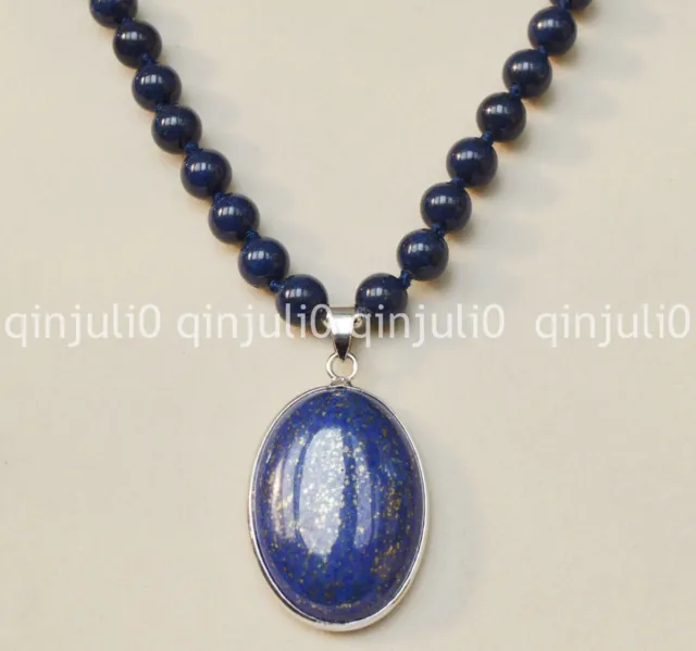 Natural Blue Egyptian Lapis Lazuli Gemstone Beads Oval Pendant Necklace 18"