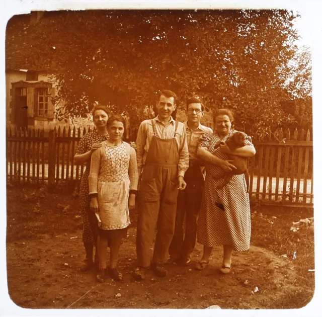 FRANCE Famille à la Campagne c1930 Photo Plaque de verre Stereo Vintage VR