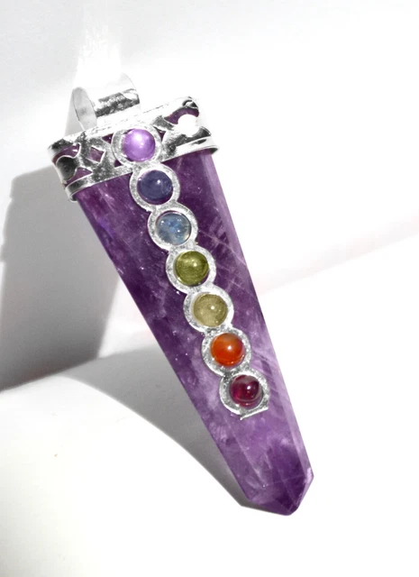 CHARGED Amethyst Crystal Point 7 Chakra Gemstone Silver Pendant & Necklace Reiki