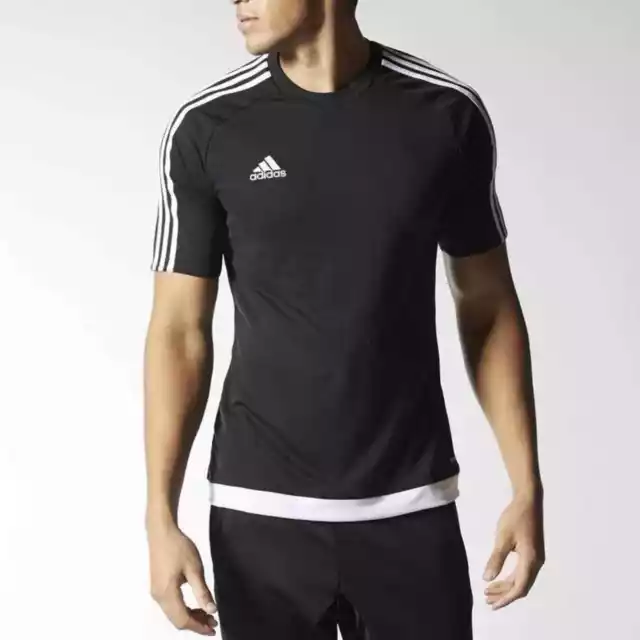 Camiseta deportiva Adidas para hombre negra/blanca Estro 15 3 rayas manga corta. Talla M