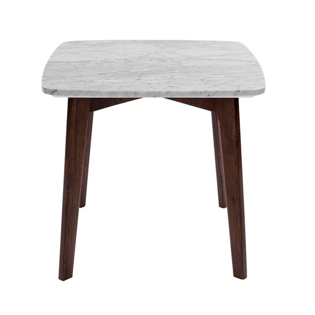 19.5" Square Modern Italian Carrara White Marble Side Table With Walnut Legs
