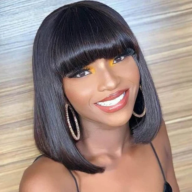 Short Bob Human Hair Wig with Bangs 12in 150% Density