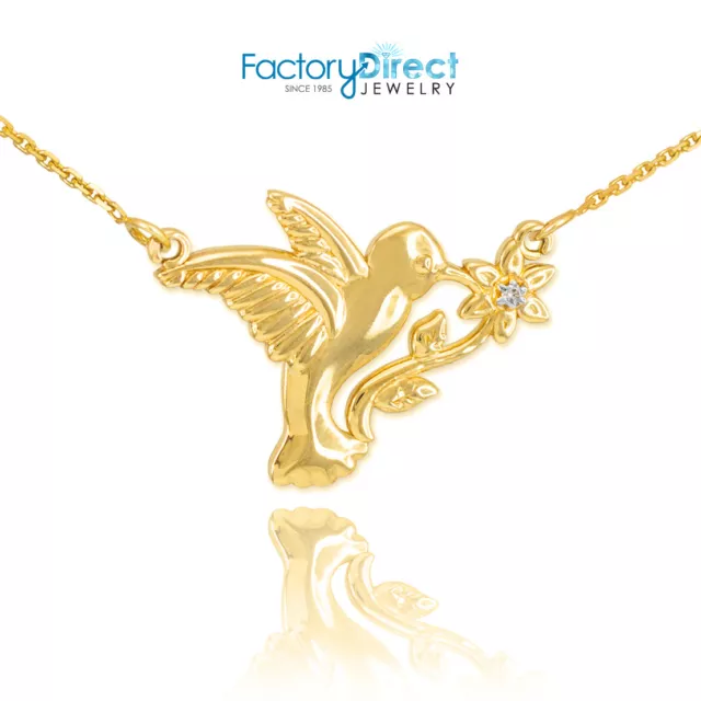 14k Gold Hummingbird with Diamond Flower Necklace