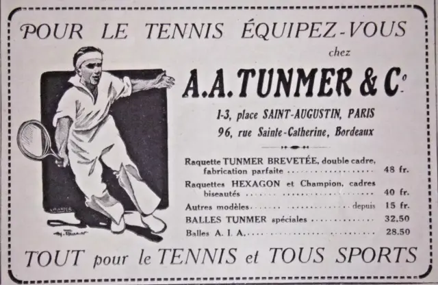 Publicité De Presse A.a.tunmer Pour Le Tennis Et Tous Sports Équipez-Vous