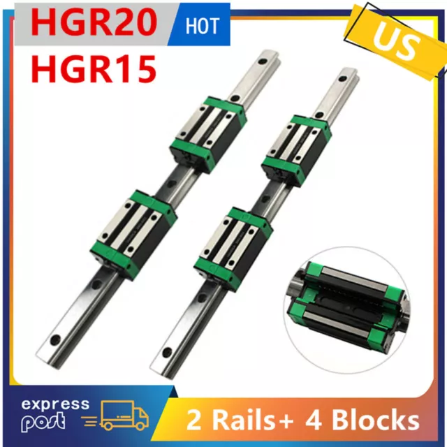 2Pcs HGR20/hgr15 Linear Guide Rail +4Pcs HGH20CA/HGH15CA Slider Block 200-1700mm