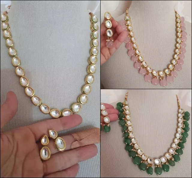 Ethnic Fashion Gold Tone Kundan Pearl Choker Necklace Bridal Indian Jewelry Set