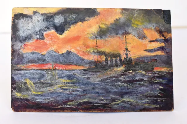 Antico Pittura Acqua Colore Steamships Steamboats Storm Presso Mare Sera Solare 2