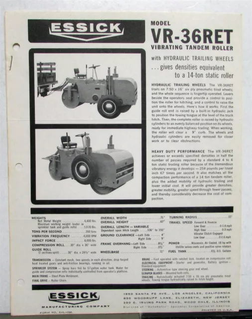 1950s Essick VR 36RET Vibrating Tandem Roller Specs Construction Sale Data Sheet