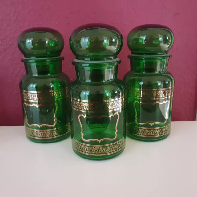 3x Apothekerflasche Apothekerglas Vorratsglas Stopfen Deckel grün gold Vintage