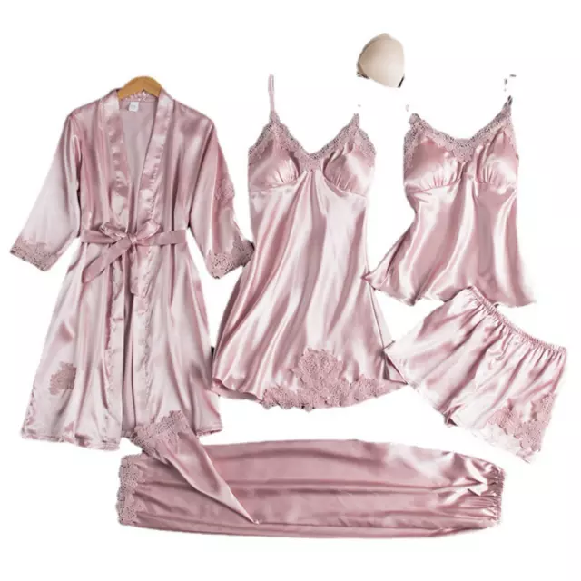 5pcs Women Silk Robe Sleep Suit Lace Satin Pajamas Gown Set V-Neck Nightwear Hot