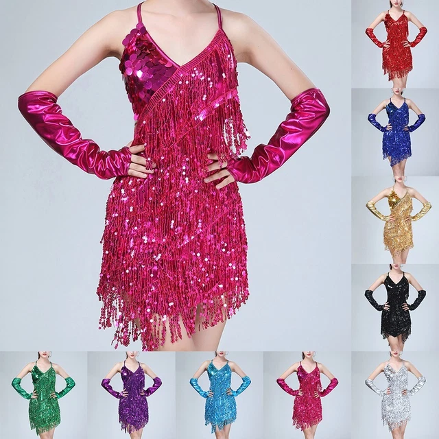 Robe De Danse Latine Paillettes Pour Fille 6-15 Ans - Justaucorps Sans Manches Avec Jupe Tutu Et Franges