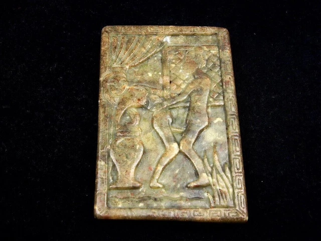 Old Nephrite Jade Stone Carved Paperweight w/ Ancient Exotic Couple #07222203