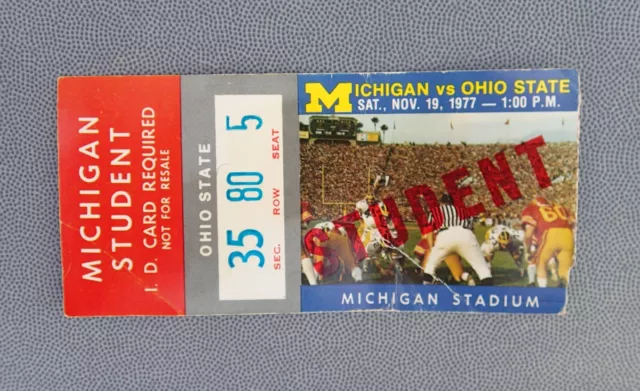 U Michigan v Ohio State Football Ticket Stub 11-19-77; Woody punches cameraman